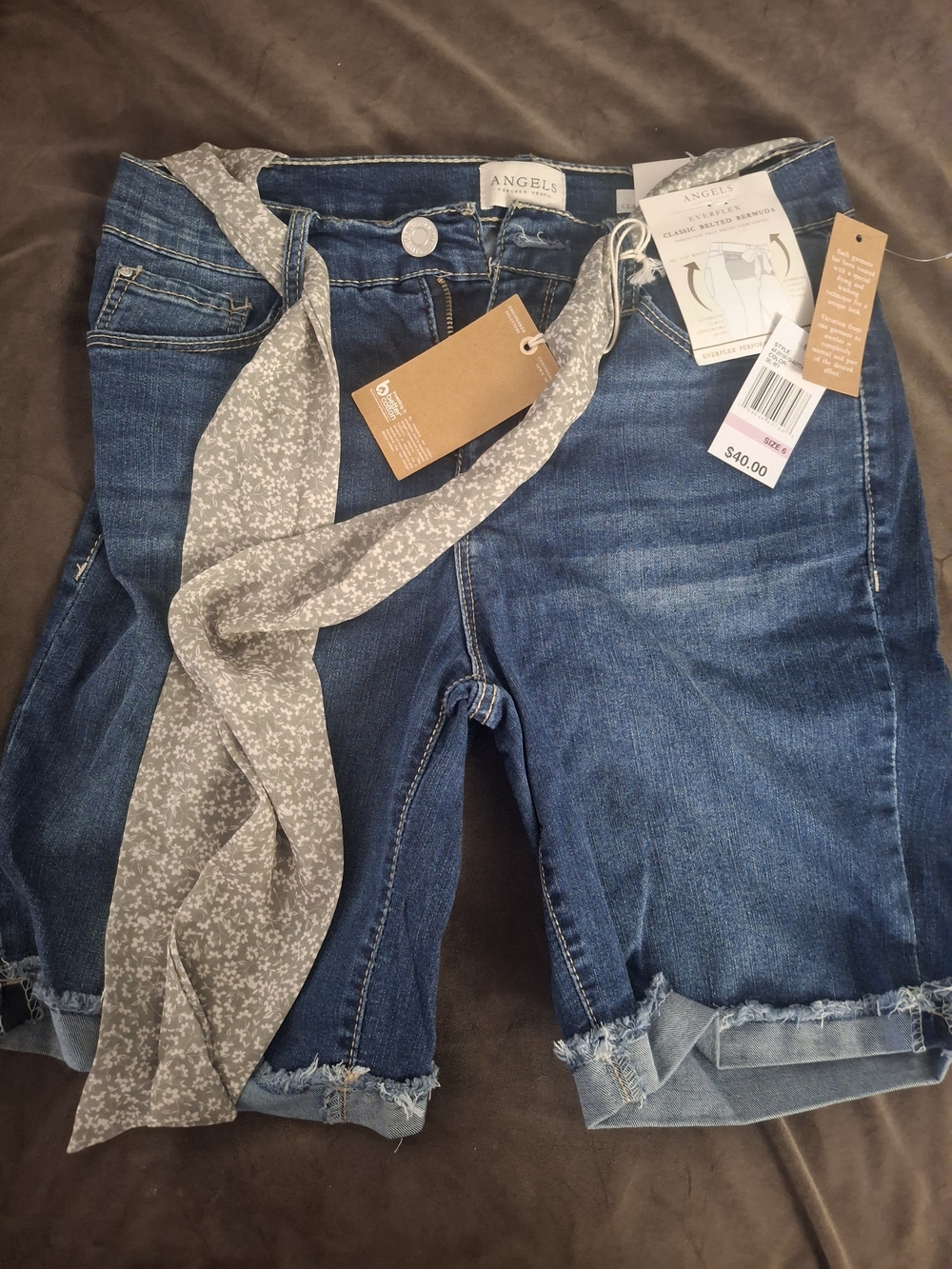 Angels Dark Blue Denim Shorts with Gray Tie